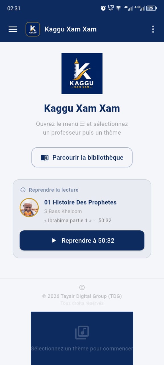 Kaggu Xam Xam — écran d'accueil